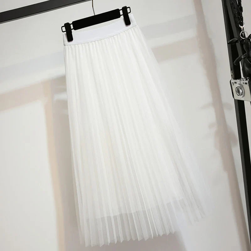 Women's Tulle Plain Pleated Skirt 2019 New Fashion Black Beige White Pink Grey Mesh Midi Skirt High Waist Woman Skirts 3 Layers WHITE One Size
