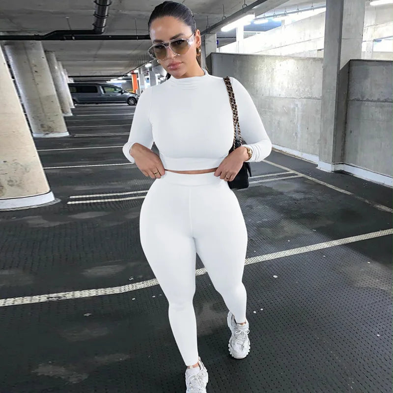 Women’s Summer Sport Suits Solid Long-Sleeves Short Top + High-Waist Skinny Pants Casual Outfits Female Sportswear Outerwear WHITE