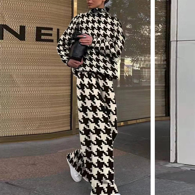 High Collar Long Sleeve Top + Pants Suit Autumn Winter Fashion Print Women Suit High Street Ladies 2 Piece Set