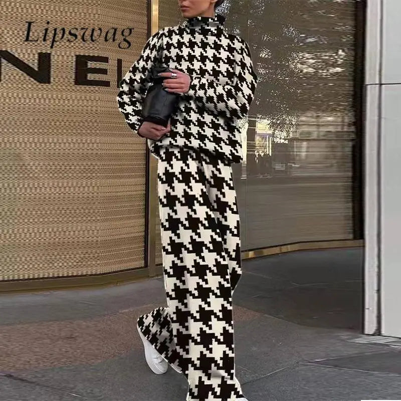 High Collar Long Sleeve Top + Pants Suit Autumn Winter Fashion Print Women Suit High Street Ladies 2 Piece Set AMAIO