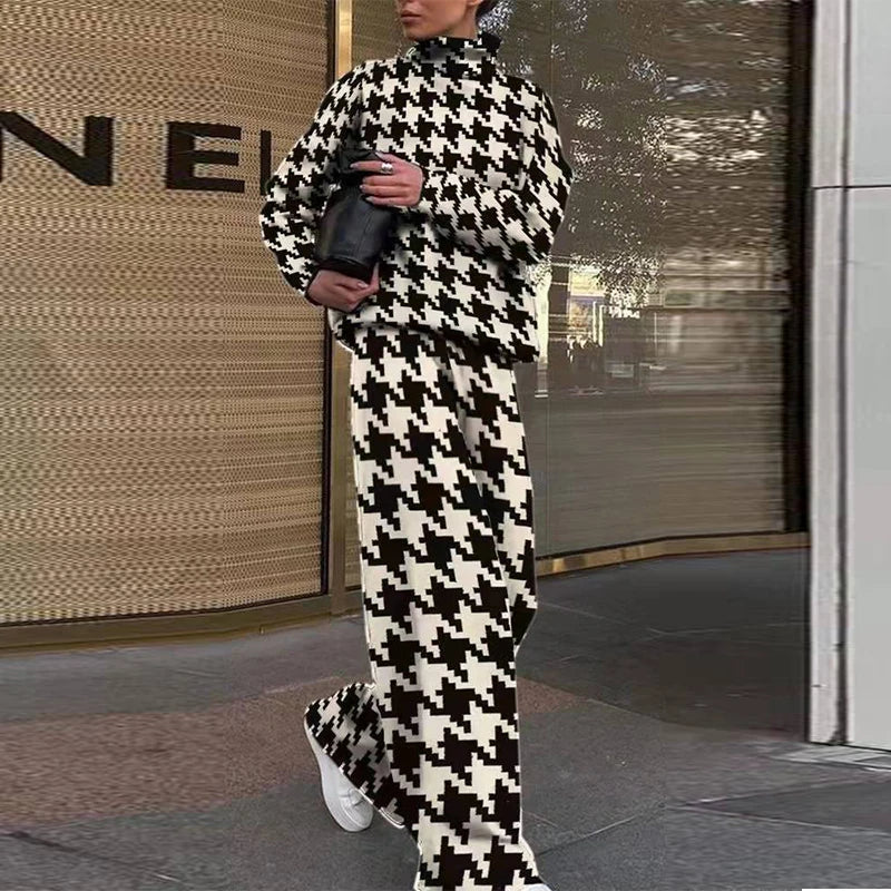 High Collar Long Sleeve Top + Pants Suit Autumn Winter Fashion Print Women Suit High Street Ladies 2 Piece Set 05 Print