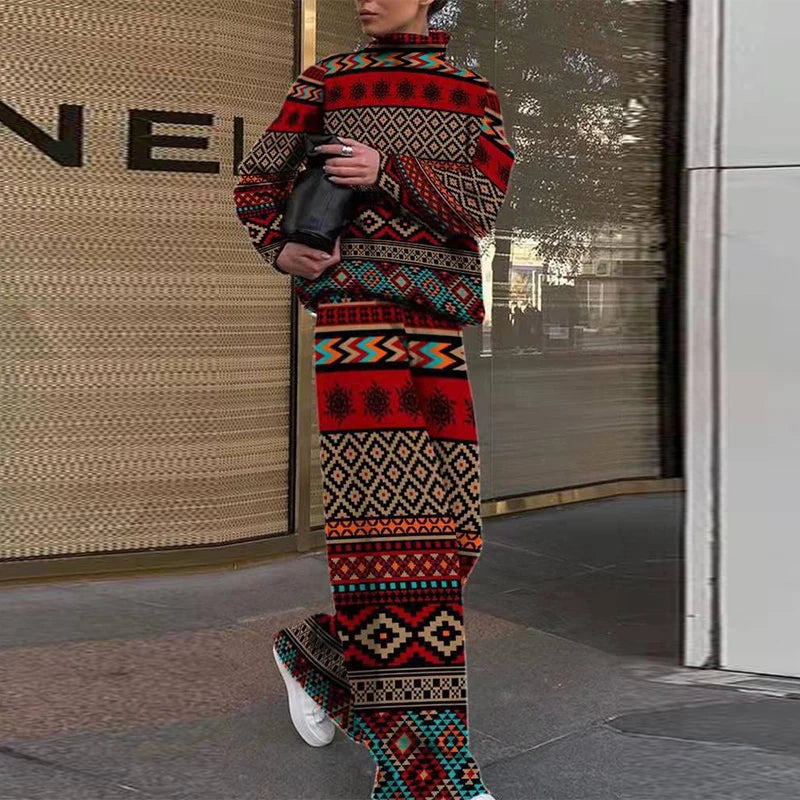 High Collar Long Sleeve Top + Pants Suit Autumn Winter Fashion Print Women Suit High Street Ladies 2 Piece Set 01 Print