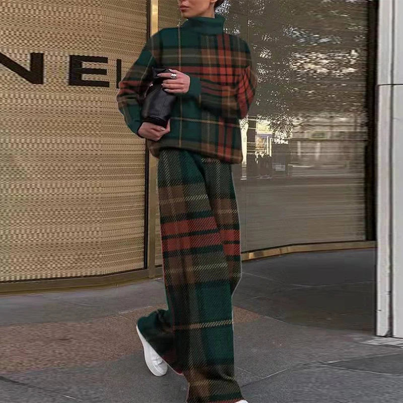 High Collar Long Sleeve Top + Pants Suit Autumn Winter Fashion Print Women Suit High Street Ladies 2 Piece Set