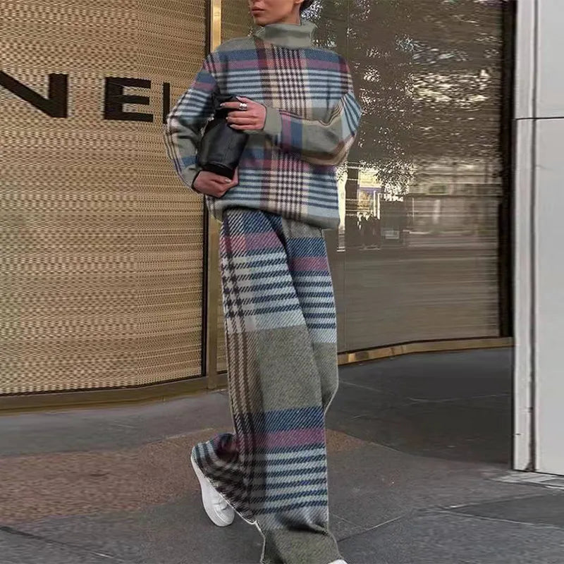 High Collar Long Sleeve Top + Pants Suit Autumn Winter Fashion Print Women Suit High Street Ladies 2 Piece Set