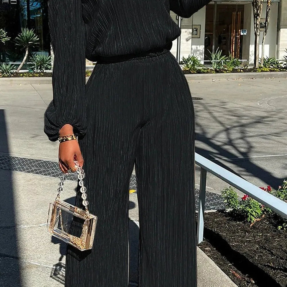 High Elasticity Two Piece Set for Women Long Sleeve O neck Tops Women's Tracksuit Female Casuals Home Loose Wide Leg Pant Sets