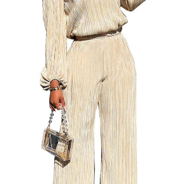 High Elasticity Two Piece Set for Women Long Sleeve O neck Tops Women's Tracksuit Female Casuals Home Loose Wide Leg Pant Sets Apricot