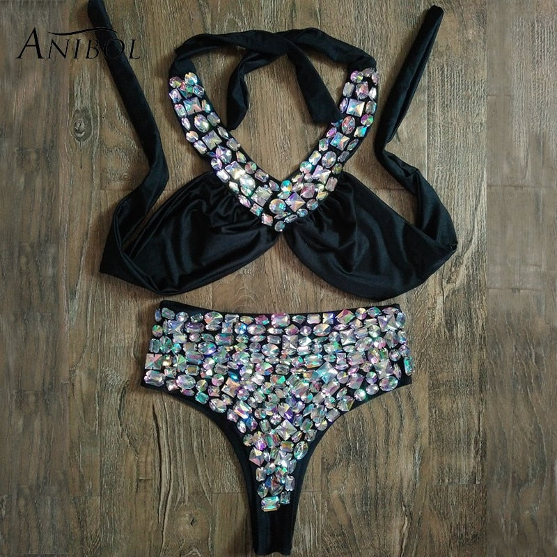 High-End Manual Sewn Luxury Rhinestone Bikini High Waisted Crystal Diamond Women Swimwear Sexy Halter Straps Swimsuit AMAIO