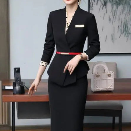 High-End Professional Skirt Suits Women Temperament Autumn Winter Formal Slim Blazer Sets Office Ladies Business Work Wear Black coat and skirt