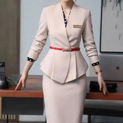 High-End Professional Skirt Suits Women Temperament Autumn Winter Formal Slim Blazer Sets Office Ladies Business Work Wear Apricot coat skirt