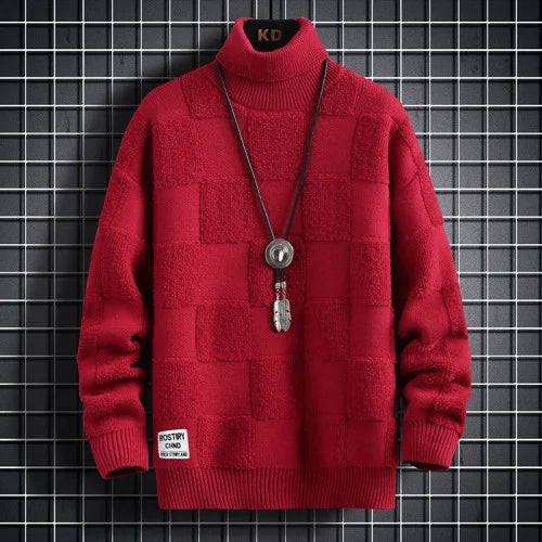 High Neck Thickened Warm Sweater/ Men's Winter Pure Korean Slim Casual Fashion Brand Loose Check Knitted Pullover Red