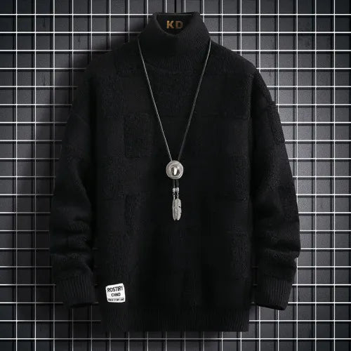 High Neck Thickened Warm Sweater/ Men's Winter Pure Korean Slim Casual Fashion Brand Loose Check Knitted Pullover Black