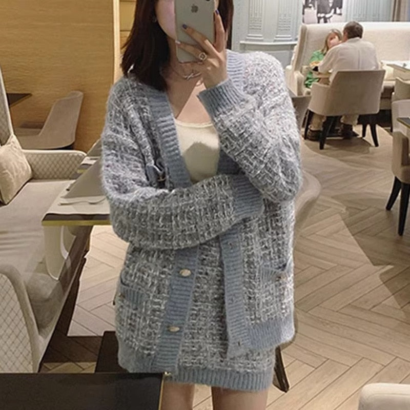 Fall Winter Sweater Suits Knitted 2 Piece Set Korean Casual Cardigan Coat & Bodycon Mini Skirt Two Piece Set Women Blue One Size