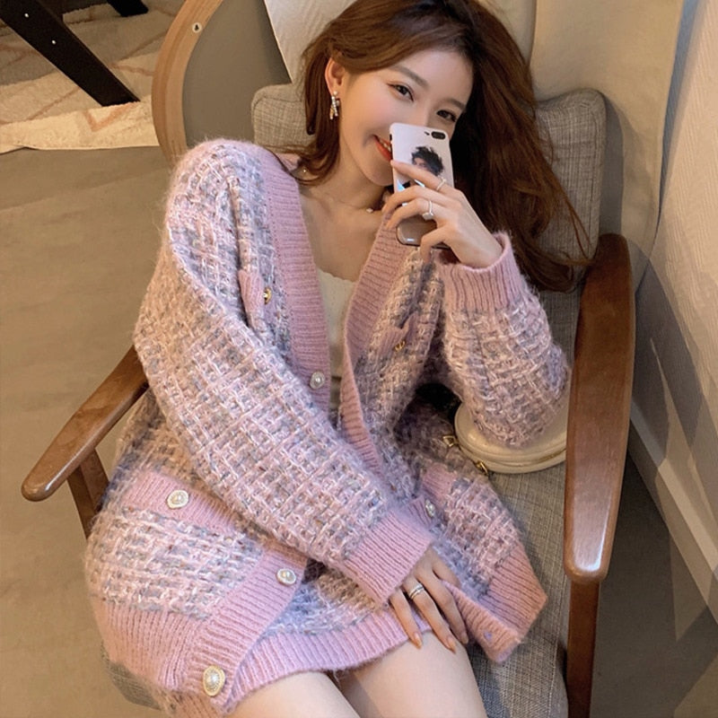 Fall Winter Sweater Suits Knitted 2 Piece Set Korean Casual Cardigan Coat & Bodycon Mini Skirt Two Piece Set Women Purple One Size