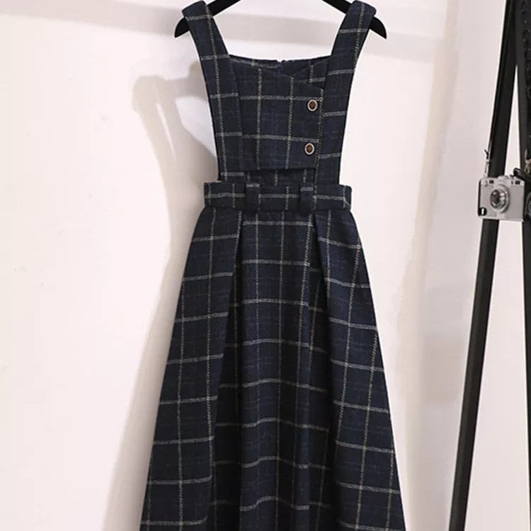 Fall Winter Women Sweater Overalls Dress Sets Casual Knitted Tops +Plaid Woolen Dress 2 Piece Sets Outfits Female One Piece Dress 1