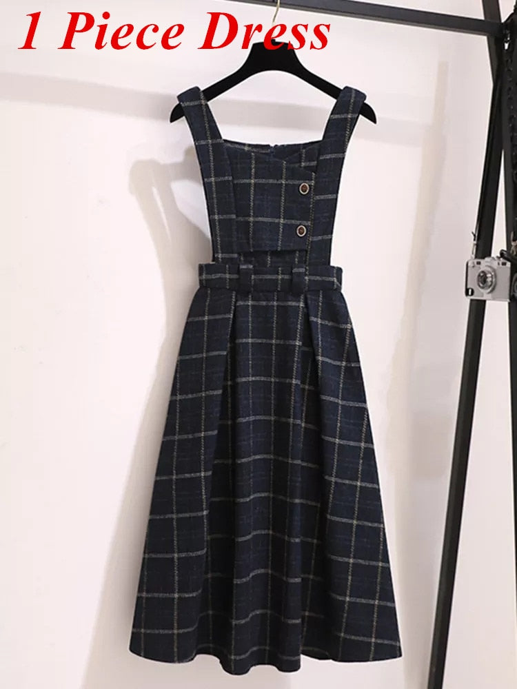 Fall Winter Women Sweater Overalls Dress Sets Casual Knitted Tops +Plaid Woolen Dress 2 Piece Sets Outfits Female One Piece Dress 1