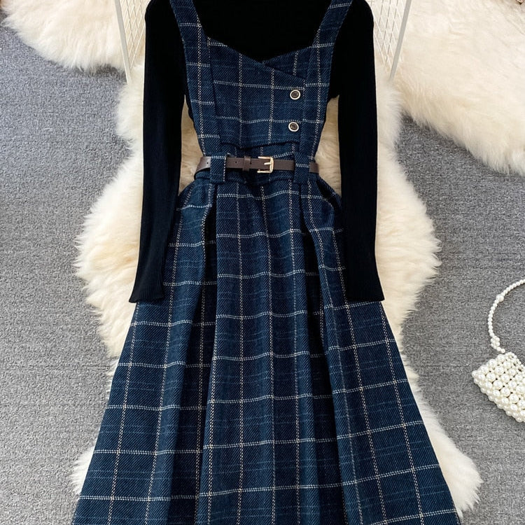 Fall Winter Women Sweater Overalls Dress Sets Casual Knitted Tops +Plaid Woolen Dress 2 Piece Sets Outfits Female Picture color 1