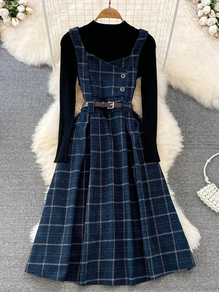 Fall Winter Women Sweater Overalls Dress Sets Casual Knitted Tops +Plaid Woolen Dress 2 Piece Sets Outfits Female Picture color 1