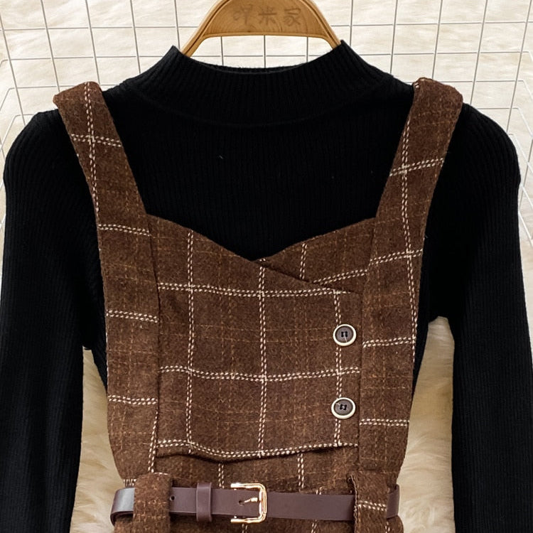 Fall Winter Women Sweater Overalls Dress Sets Casual Knitted Tops +Plaid Woolen Dress 2 Piece Sets Outfits Female