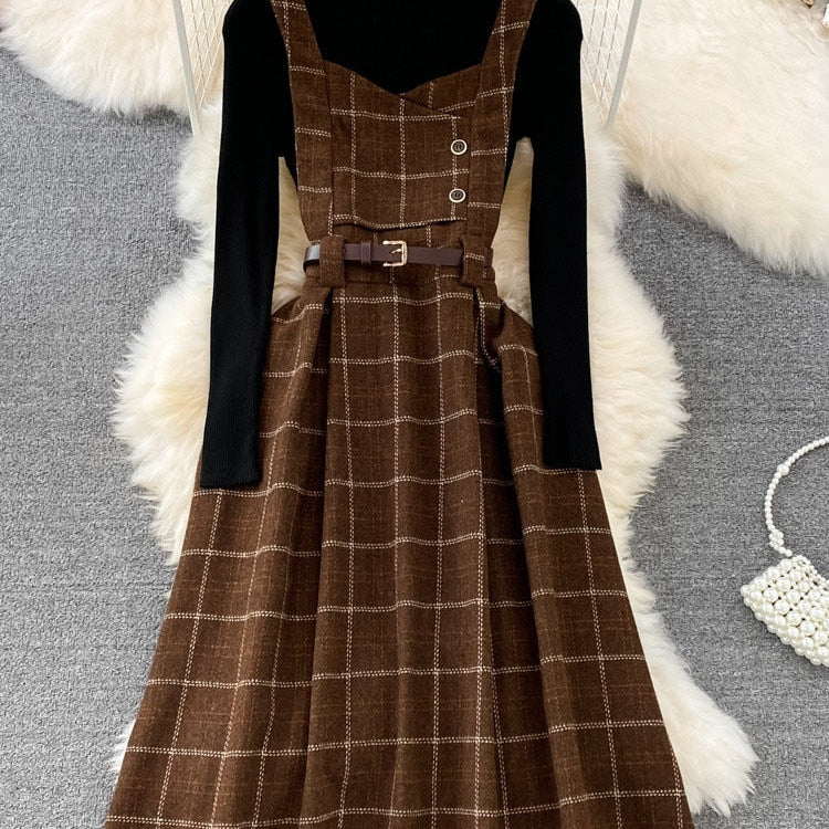 High Quality Fall Winter Women Sweater Overalls Dress Sets Casual Knitted Tops +Plaid Woolen Dress 2 Piece Sets Outfits Female AMAIO