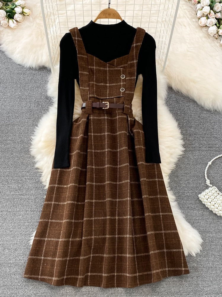 Fall Winter Women Sweater Overalls Dress Sets Casual Knitted Tops +Plaid Woolen Dress 2 Piece Sets Outfits Female Picture color 2