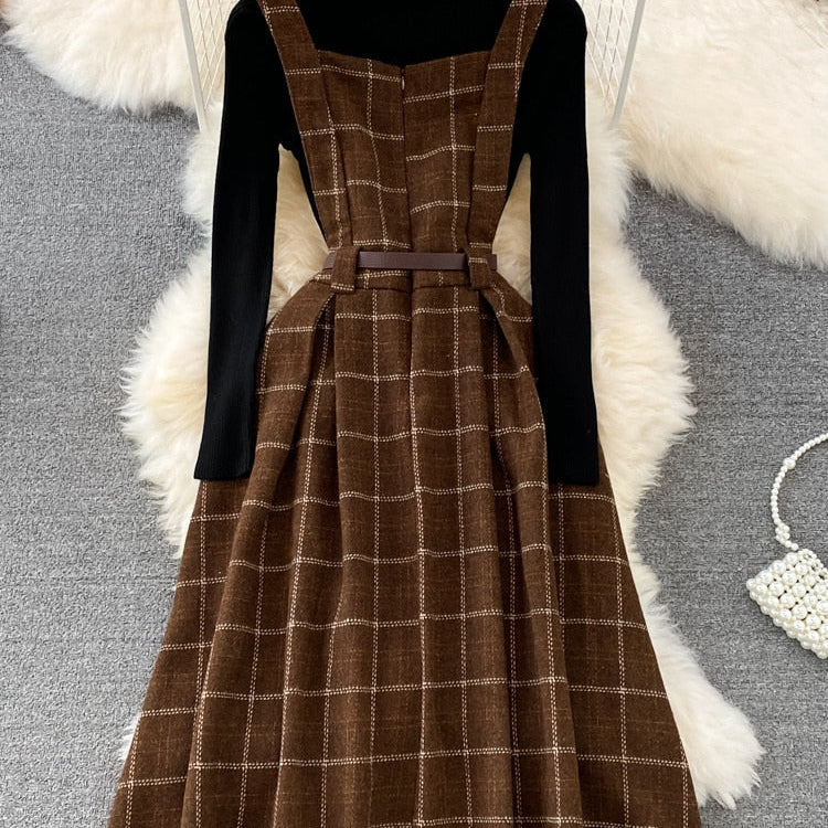 Fall Winter Women Sweater Overalls Dress Sets Casual Knitted Tops +Plaid Woolen Dress 2 Piece Sets Outfits Female