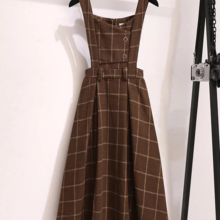 Fall Winter Women Sweater Overalls Dress Sets Casual Knitted Tops +Plaid Woolen Dress 2 Piece Sets Outfits Female One Piece Dress