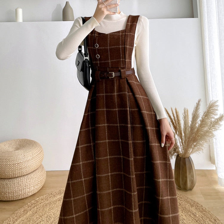 Fall Winter Women Sweater Overalls Dress Sets Casual Knitted Tops +Plaid Woolen Dress 2 Piece Sets Outfits Female Picture color 4