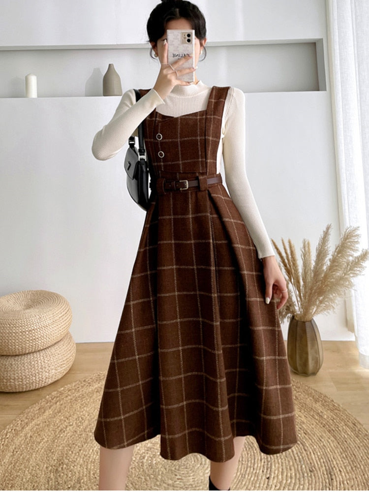 Fall Winter Women Sweater Overalls Dress Sets Casual Knitted Tops +Plaid Woolen Dress 2 Piece Sets Outfits Female Picture color 4