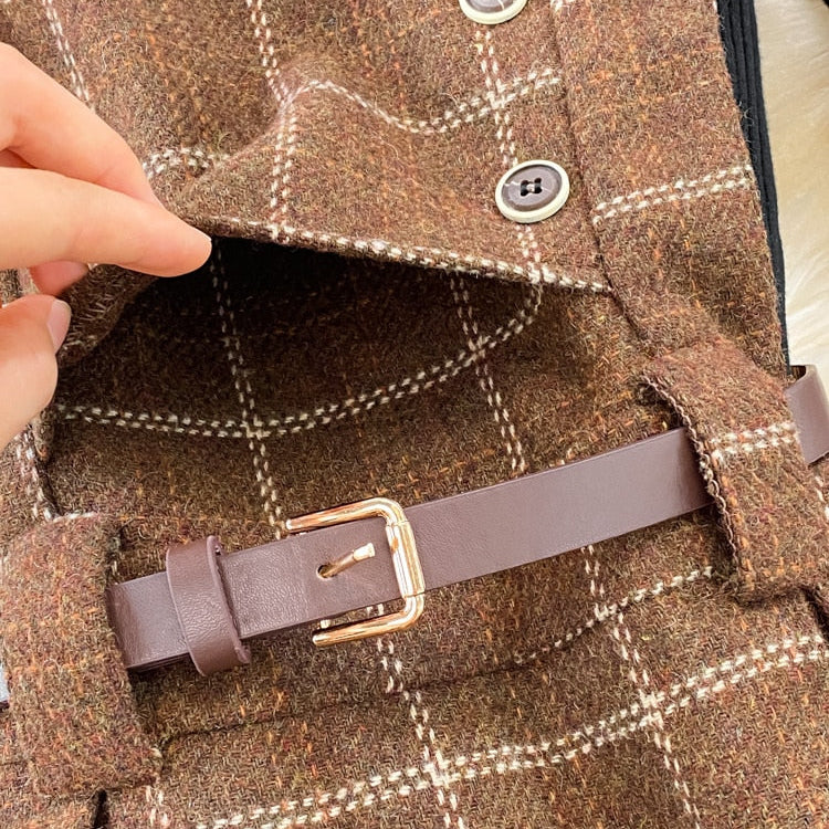 Fall Winter Women Sweater Overalls Dress Sets Casual Knitted Tops +Plaid Woolen Dress 2 Piece Sets Outfits Female