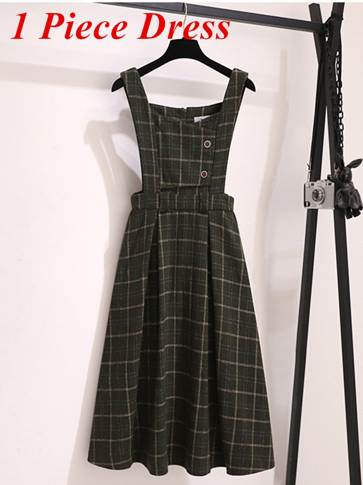 Fall Winter Women Sweater Overalls Dress Sets Casual Knitted Tops +Plaid Woolen Dress 2 Piece Sets Outfits Female One Piece Dress 2