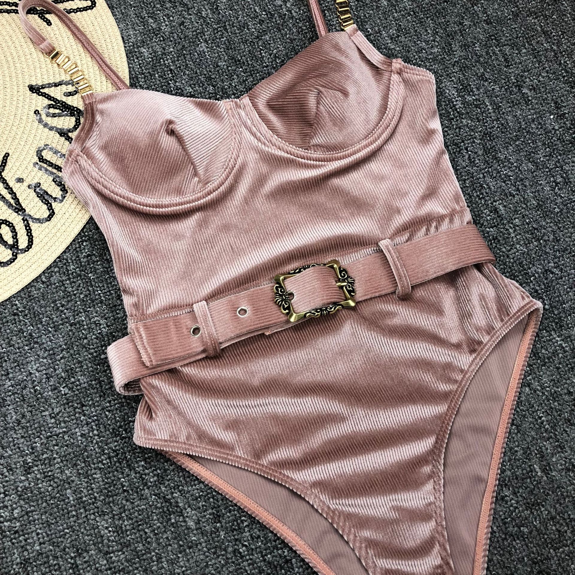 Sexy One Piece Swimsuit Swimwear - Push Up Pit Striped Metal Chain Straps Bathing Suit Beachwear with Belt