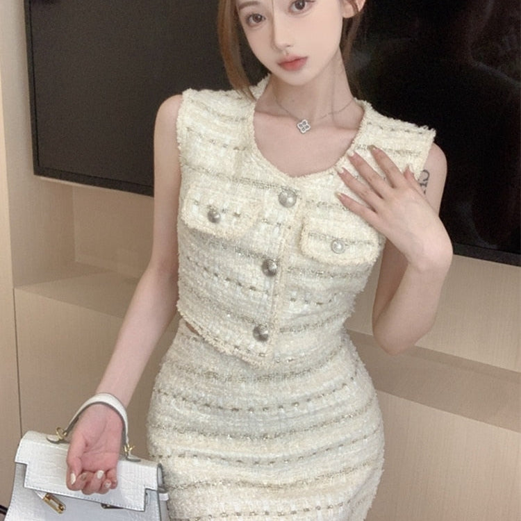 High Street French Luxury Small Fragrance 2 Piece Set Women Vest Crop Top + Skirt Suits Korean Elegant Fashion Two Piece Outfits