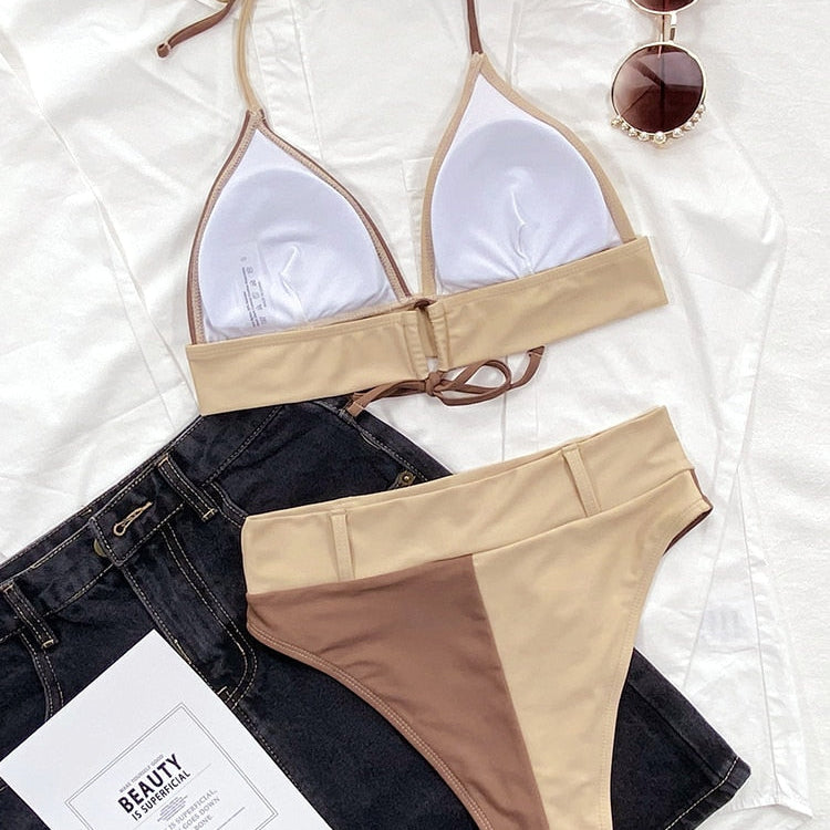 High Waist Bikini Set Patchwork Swimwear - Swimsuit V-Neck Bikini Bather Bathing Suit Summer Beach Wear