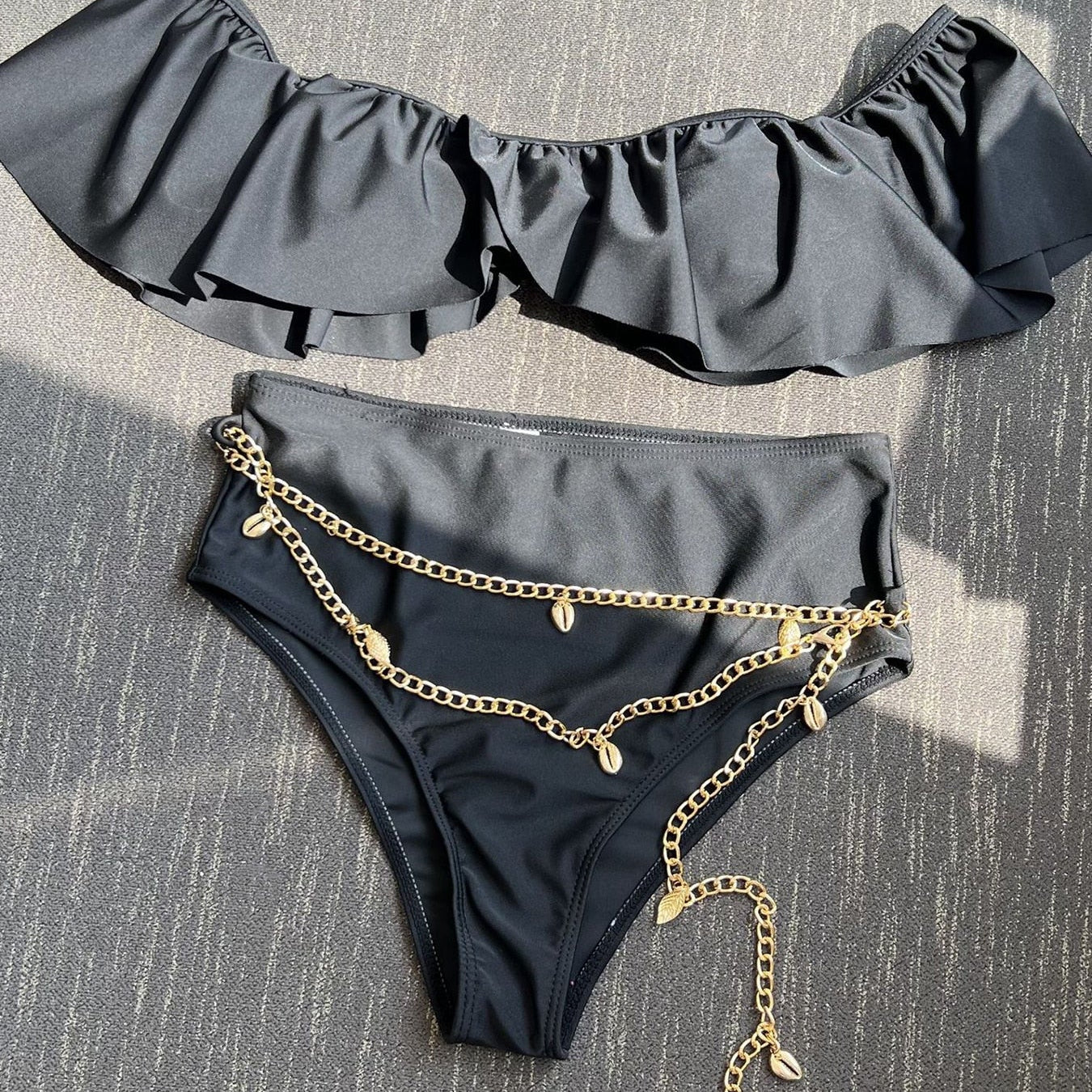 High Waist Bikini Sets Swimsuit - Sexy Chain Bathing Suit Off The Shoulder Beachwear Swimming Suit