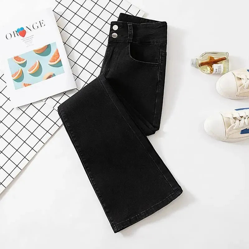 High Waist Double Buckle Bell Bottom Jeans Korean Fashion Slim Skinny Streetwear Denim Trousers Spring Autumn Washed Women Jeans black