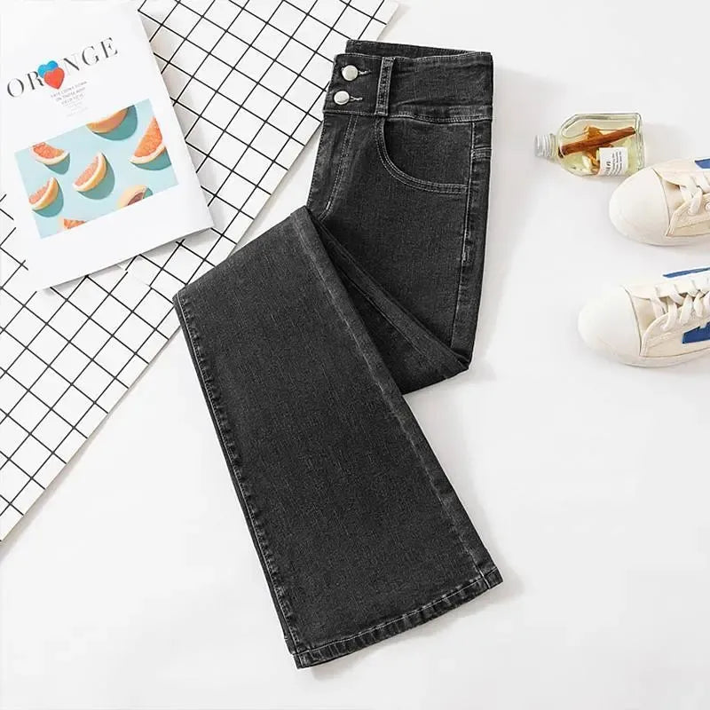 High Waist Double Buckle Bell Bottom Jeans Korean Fashion Slim Skinny Streetwear Denim Trousers Spring Autumn Washed Women Jeans Black grey