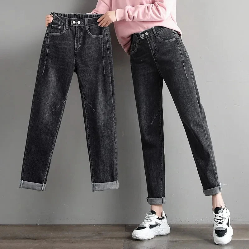 High Waist Elastic Waist Ankle-length Harem Denim Pants Korean Fashion Double Button Baggy Jeans Classic Streetwear Women Pants