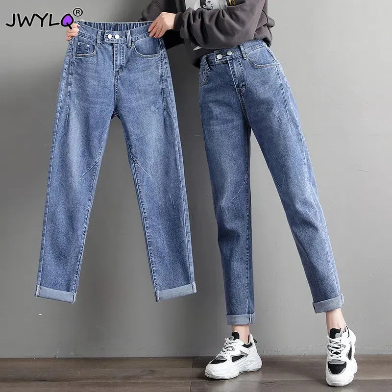 High Waist Elastic Waist Ankle-length Harem Denim Pants Korean Fashion Double Button Baggy Jeans Classic Streetwear Women Pants AMAIO