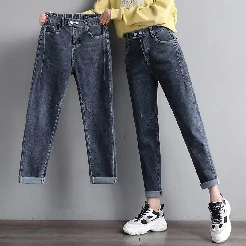 High Waist Elastic Waist Ankle-length Harem Denim Pants Korean Fashion Double Button Baggy Jeans Classic Streetwear Women Pants
