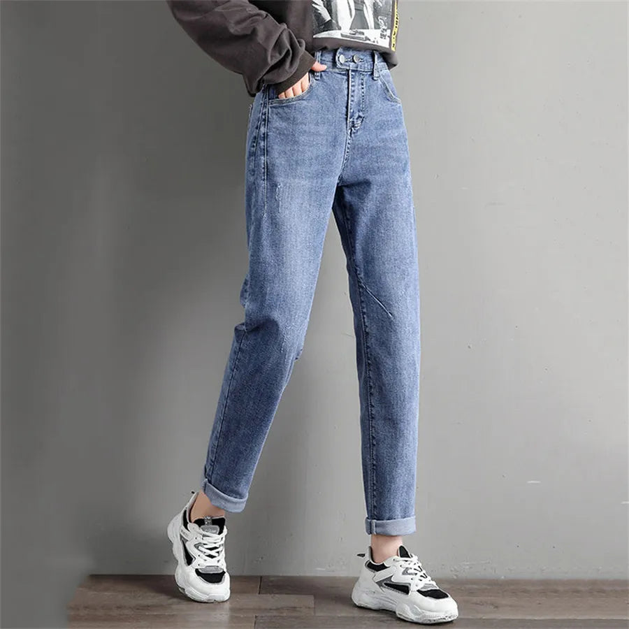 High Waist Elastic Waist Ankle-length Harem Denim Pants Korean Fashion Double Button Baggy Jeans Classic Streetwear Women Pants