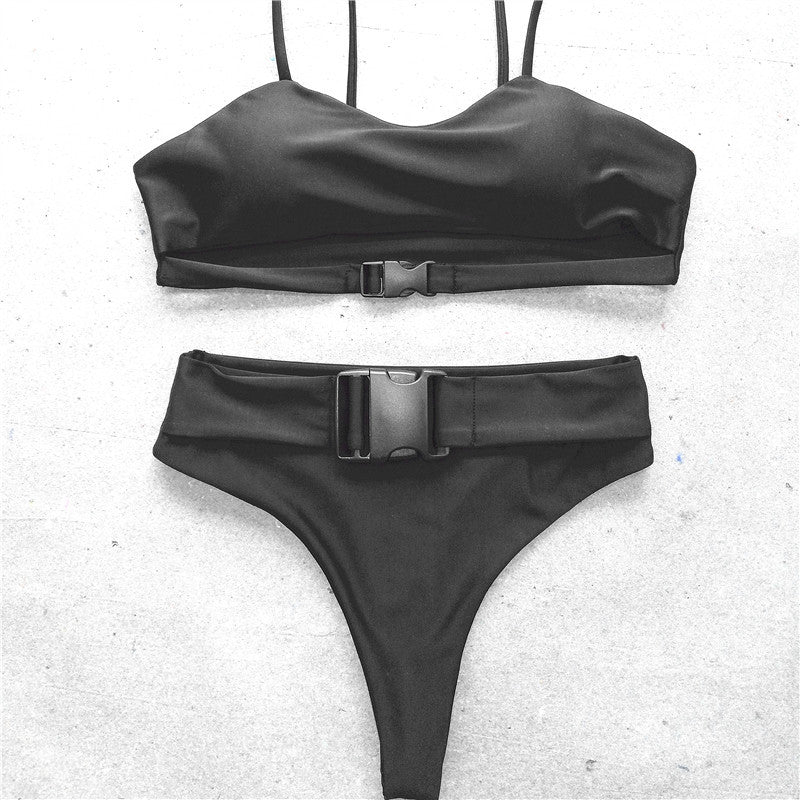 High Waisted Buckle Bikini Set Black