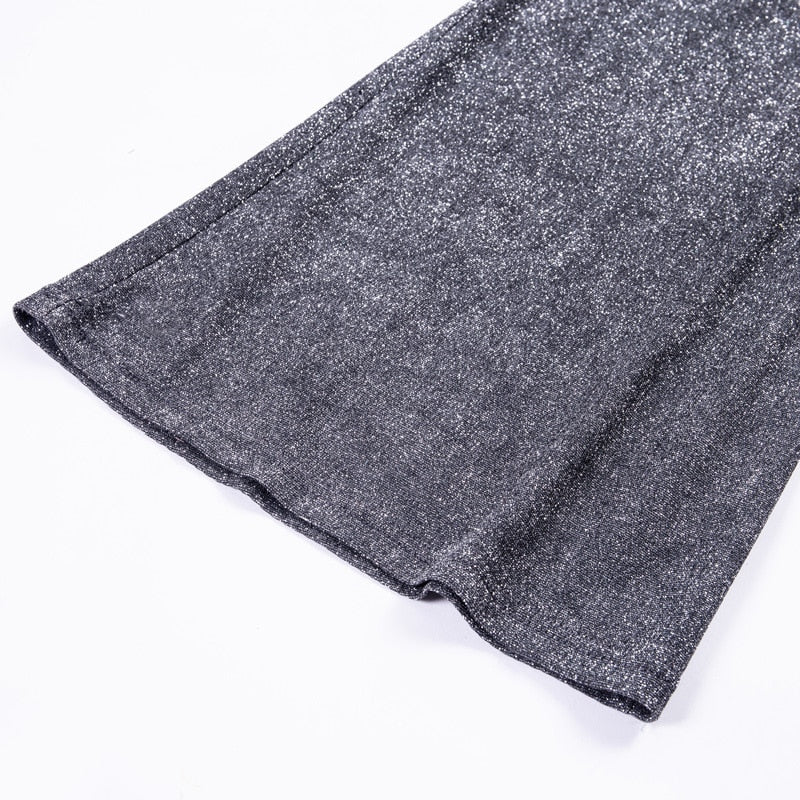 High Waisted Glitter Pants Fall Winter Outfit Women Silver Sparkly Flare Sequined Trousers Party Night Clubwear