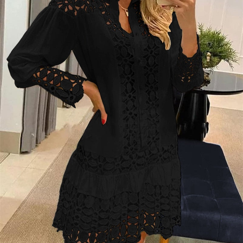 Hollow Out Floral Solid Color Fashion Casual Sexy Guipure Lace Patch Shirt Dress Mini Dress Black