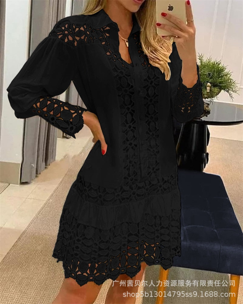 Hollow Out Floral Solid Color Fashion Casual Sexy Guipure Lace Patch Shirt Dress Mini Dress Black