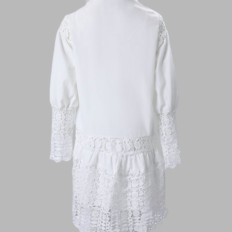 Hollow Out Floral Solid Color Fashion Casual Sexy Guipure Lace Patch Shirt Dress Mini Dress