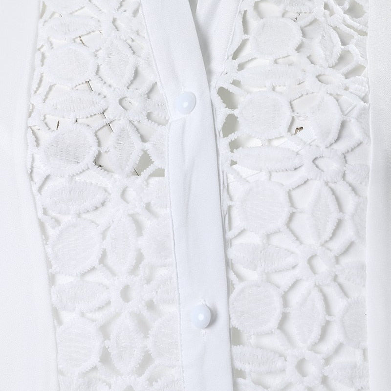 Hollow Out Floral Solid Color Fashion Casual Sexy Guipure Lace Patch Shirt Dress Mini Dress