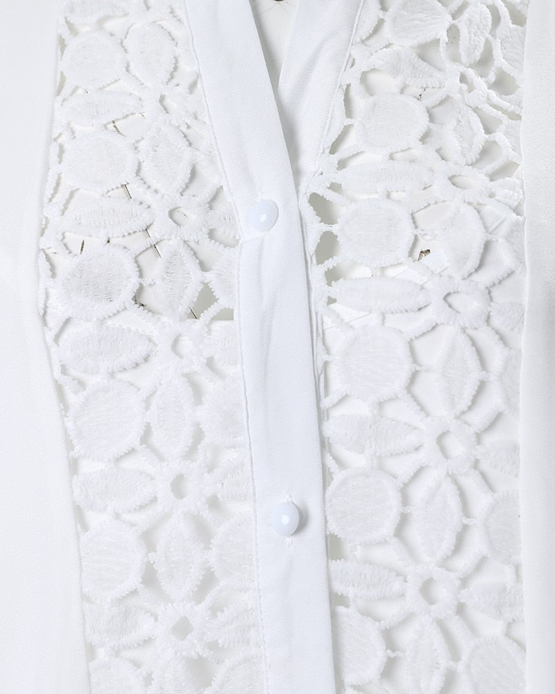 Hollow Out Floral Solid Color Fashion Casual Sexy Guipure Lace Patch Shirt Dress Mini Dress