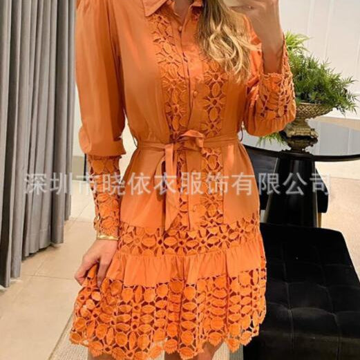 Hollow Out Floral Solid Color Fashion Casual Sexy Guipure Lace Patch Shirt Dress Mini Dress Orange
