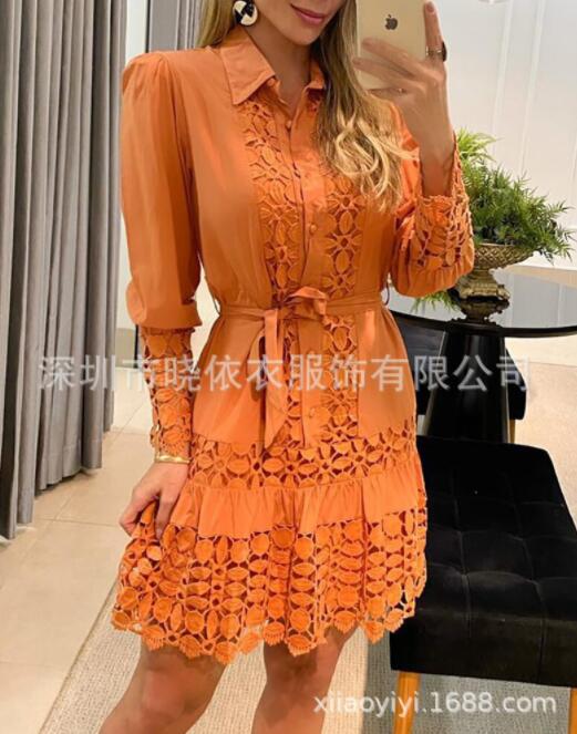 Hollow Out Floral Solid Color Fashion Casual Sexy Guipure Lace Patch Shirt Dress Mini Dress Orange