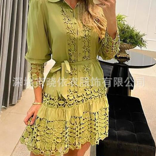 Hollow Out Floral Solid Color Fashion Casual Sexy Guipure Lace Patch Shirt Dress Mini Dress Gold